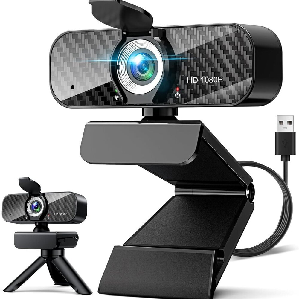 Webcam Full HD 1080P with Built-in Microphone and Rotatable Tripod, Carbon Fiber